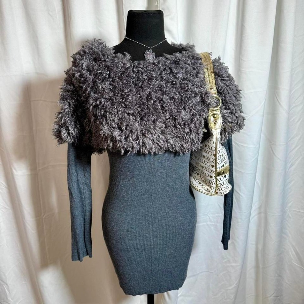 MK2K Gray Faux Fur Trim Bodycon‎ Dress – Women's S